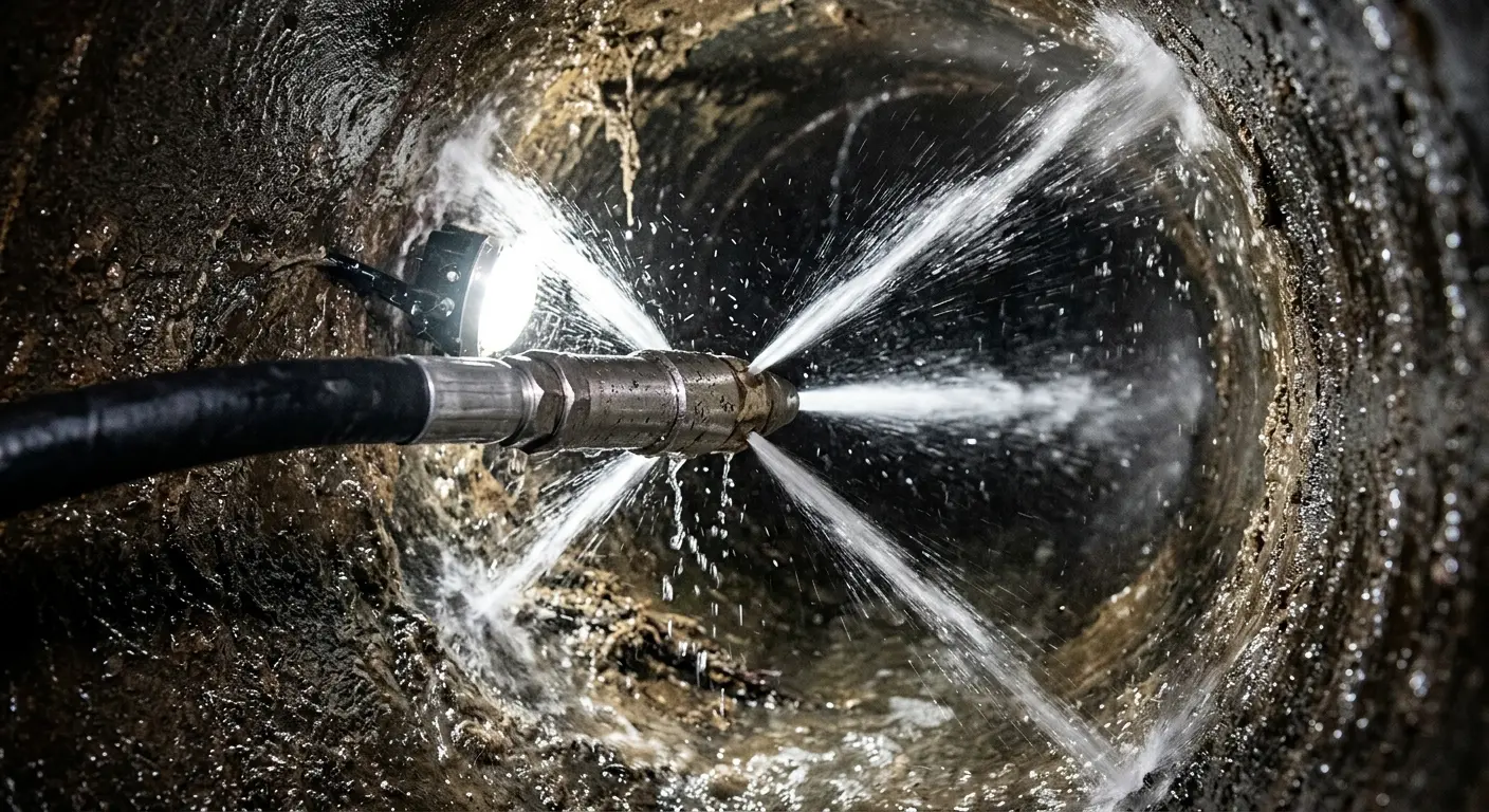 High-pressure hydro jetting nozzle cleaning sewer pipe for Trenchless Sewer Repair in North Andover