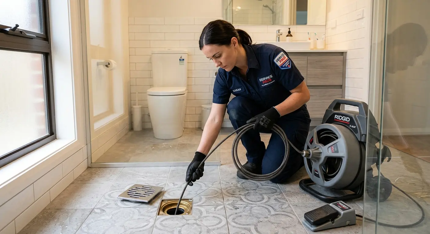 Technician clearing a bathroom floor drain for Sewer Line Replacement in North Andover